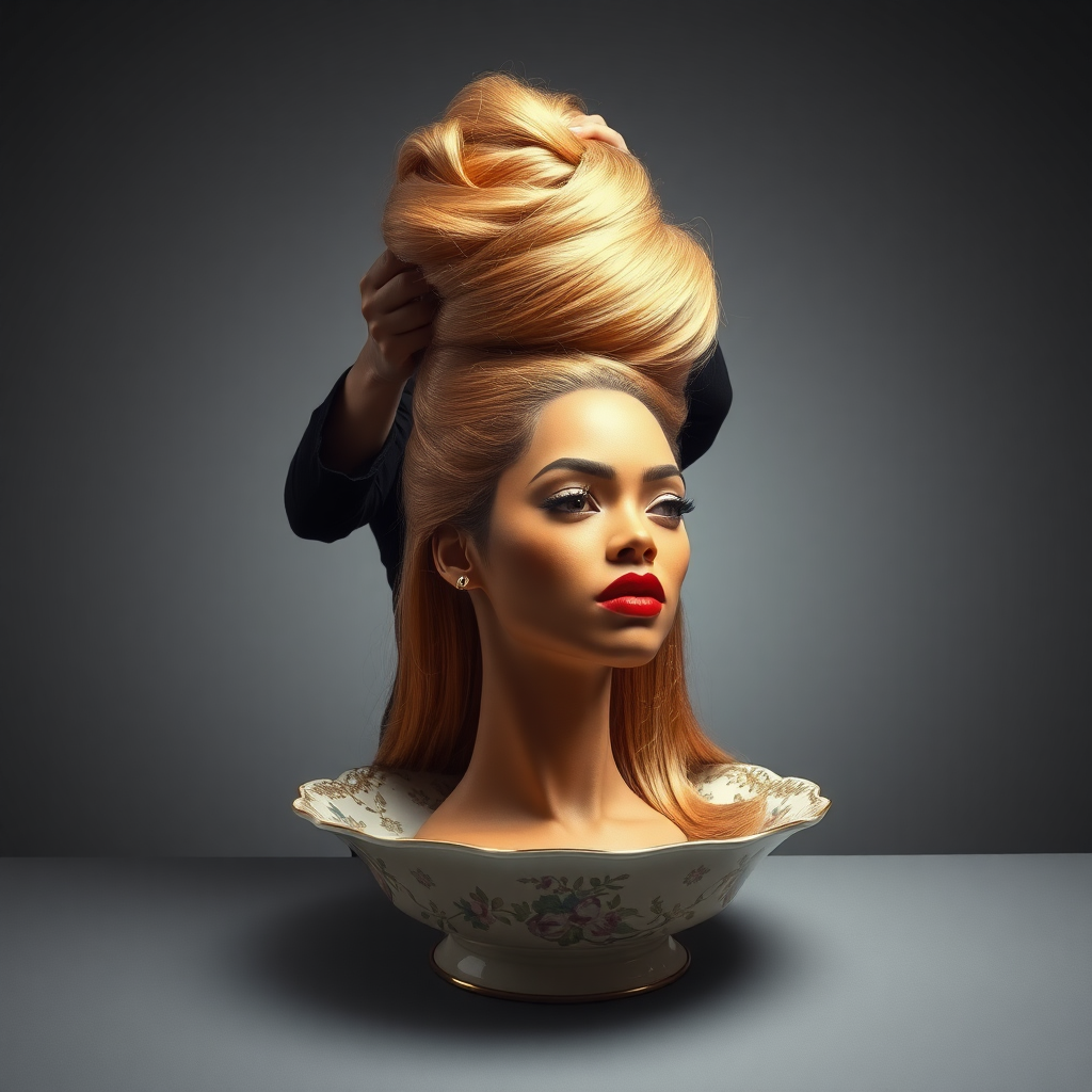 In an avant-garde tableau, a strikingly beautiful, disembodied head of a fashion icon reminiscent of Beyoncé rests elegantly on an ornate, vintage plate, its delicate china adorned with intricate floral patterns. Her long, luscious hair cascades down, shimmering like molten gold, while each strand catches the light, creating a halo effect around her perfectly sculpted features. Her chin rests gracefully on the edge of the plate, accentuating her strong jawline and full, inviting lips, which are painted with a bold crimson hue. 

Behind her stands a dedicated hairdresser, dressed in chic, all-black attire, exuding a sense of calm concentration as they skillfully gather the flowing locks. The hairdresser’s fingers move deftly, weaving her hair into an impressive, towering updo reminiscent of a regal crown, adding height and drama to the surreal scene. The atmosphere is imbued with a quiet intensity, and the air is rich with the scent of high-end hair products—a blend of floral notes and smooth vanilla.

The background is a plain, muted gray, providing a stark and minimalist canvas that amplifies the surrealism of the arrangement, allowing the viewer to focus entirely on the exquisite details and craftsmanship at play. The contrast between the opulence of the subject and the simplicity of the setting creates a captivating visual narrative, engaging the viewer's imagination and inviting deeper reflection on themes of beauty and identity.