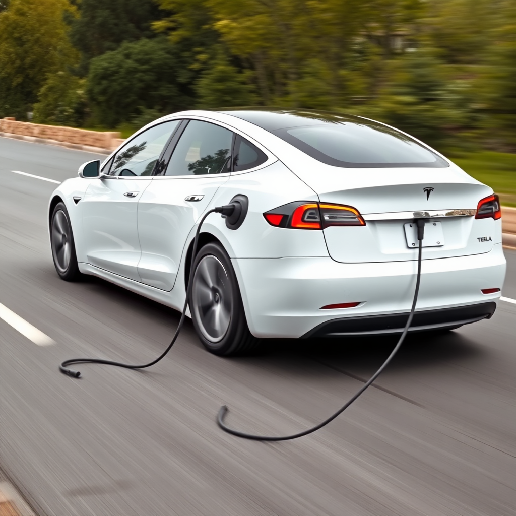 A woman driving a white Tesla with the charging cable still plugged into it because she forgot to unplug it before driving off. The car is in motion, on the road, with the entire charging stall still attached, being dragged behind the car, sparking.