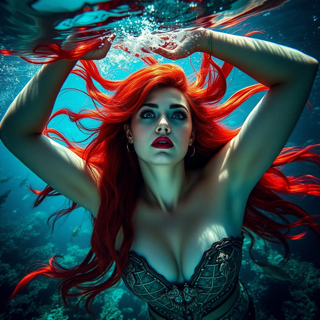 Red Sonja the legendary warrior underwater amazing loose flowing hair floating in a nimbus around her beautiful face her arms outstretched languidly over her head. she's looking down into the viewer's eyes making intense eye contact. diaphanous gossamer. Burlesque. Stunning undersea life details plants and fish and other creatures of the sea. Amazing HD DSLR photographic output.