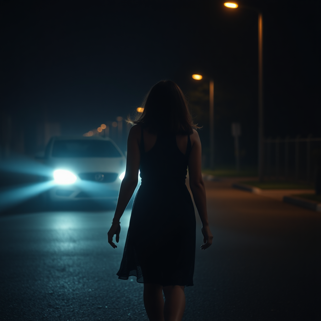 Moody picture of a lady of the night. She is walking towards a parked car, which is facing the other way. Prominent street lighting.