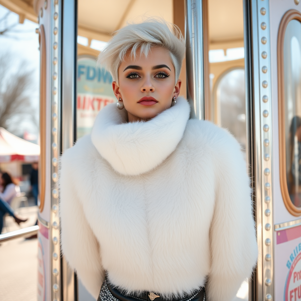 Amusement park “kissing booth,” sunny spring Sunday morning. Sam, 19 years old beautiful involuntary femboy, rebellious intractable character, petite boyish figure, platinum blond boyish rebel punk hairstyle, flawless heavily made-up face with sharp arched tattooed eyebrows, wearing Supertanya-style fluffy very fuzzy bright white angora thigh-length turtleneck-poncho fully covering body and arms, silver-glitter leggings, black leather high-heeled pumps, silver earrings, both hands tied to pole behind back, standing inside kissing booth, waiting for next customer to kiss. Focus on Sam’s face and turtleneck-poncho.