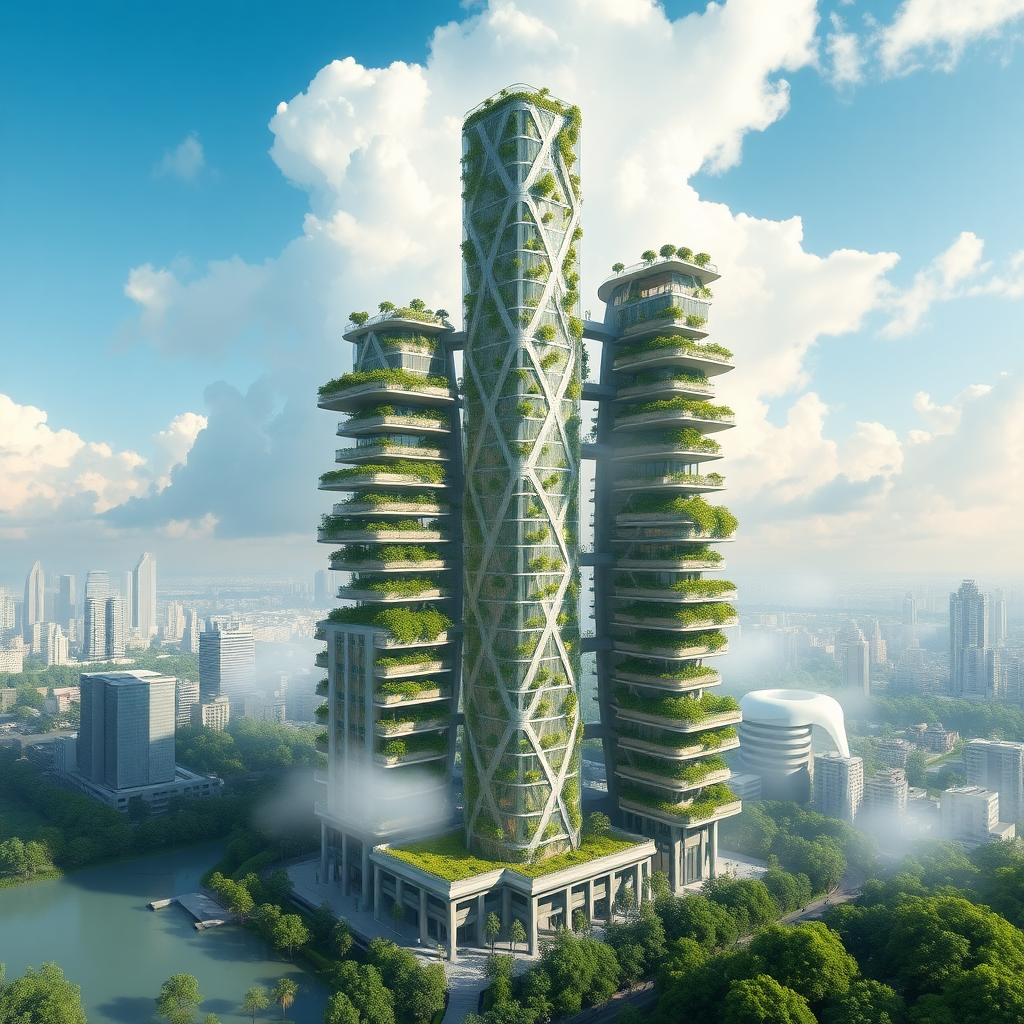 I want to create a complex ecological city, with a towering super building at the city center that reaches into the clouds. The design of the building is very unique, with each floor being an ecological garden system.