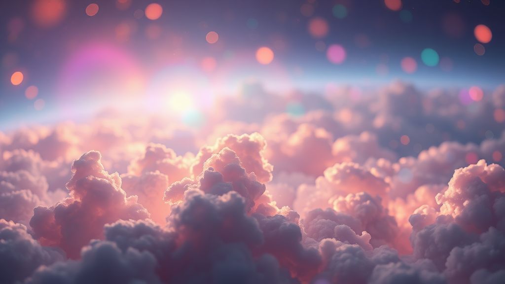 mandelbulb clouds, Low Key Lighting, dreamscape, nebula, Bokeh, abstract, brilliant colors, glittering, translucent, iridescent, glowing, artistic photo, panoramic, airy, original, experimental, fractal, generative art, calm, cinematic shot