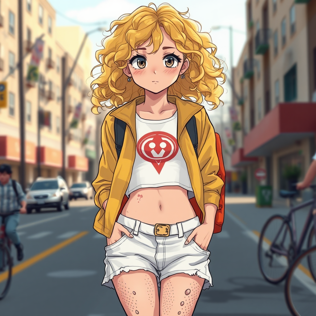 Realistic drawing style image, Extremely good quality 8k resolution drawn manga image of a 15 year old petite and short tomboy girl with golden blonde curly hair with mixed and different colored eyes for each eye and moles on her entire body and is a white American girl, Has on a Gold Jacket over a white extremely short crop top only covering her breasts and nothing more with a design on it, and has on ripped shorts and cool looking sneakers and a deep and big knife cut wound on her stomach from a huge injury she had, with a bright color backpack, ear piercings on, walking on the street to school in the morning with the beautiful sunlight lighting up her body beautifully with no tattoos.