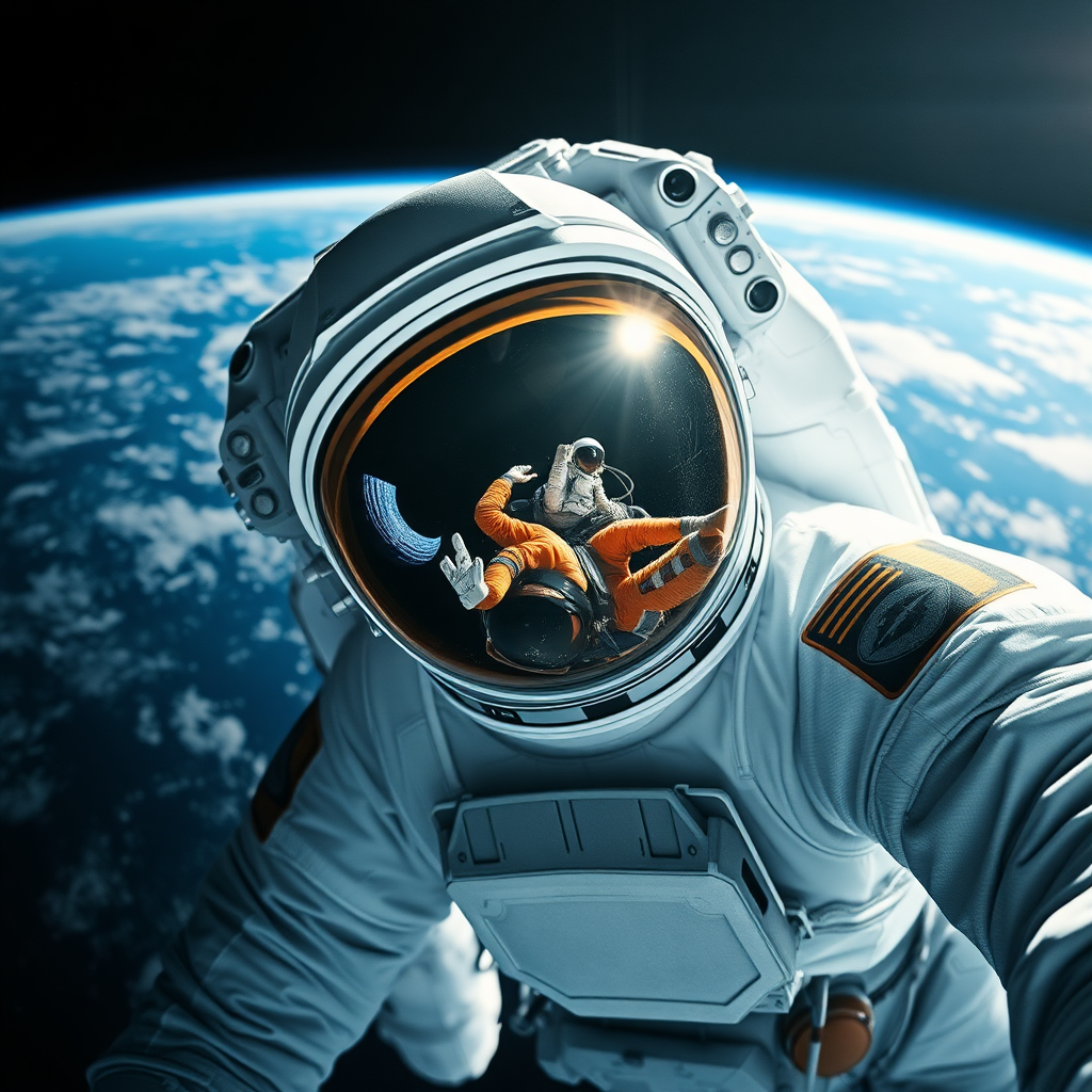 Astronaut in a white spacesuit, floating in space, with Earth in the background. The scene captures a hyperrealistic view showcasing the intricate details of the suit, including textures and reflections in the visor. The visor reflects another astronaut and elements of the spacecraft. The background features deep blues and whites of Earth and the vastness of space, with a dark, almost black, void surrounding it. Bright sunlight highlights parts of the astronaut's suit, creating stark contrasts and emphasizing the details. Include hints of light shimmering off the helmet and the colors of the spacecraft against the cosmic backdrop.