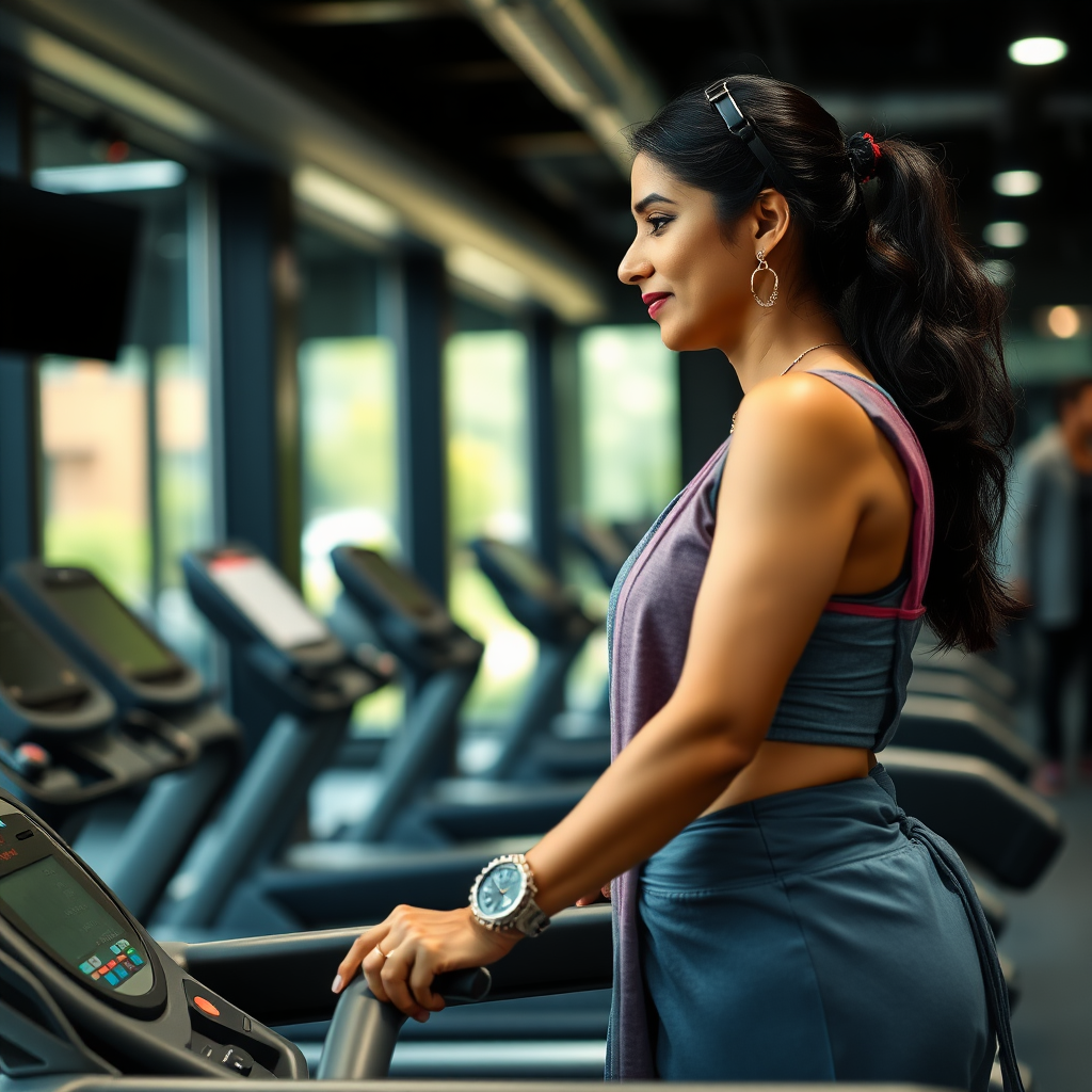 Indian wife, working out on treadmill in gym