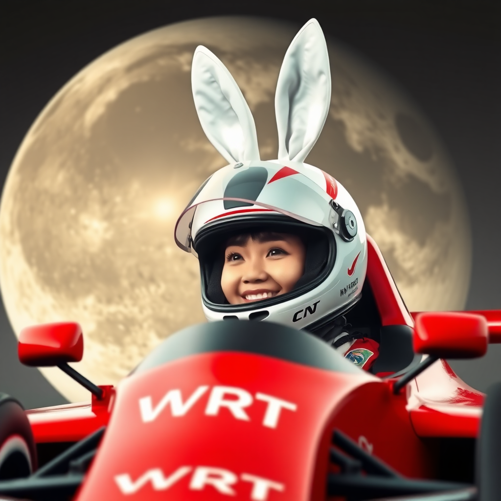 A red racing car with "WRT" written on it, a smiling Chinese female racer wearing a full-face helmet, the visor of the helmet lifted up, with white rabbit ears sticking up from the helmet. The background features a giant moon, with visible craters.