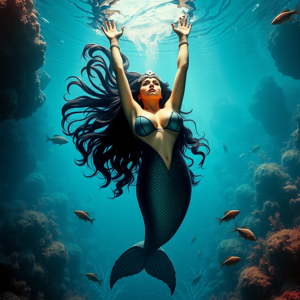 Vampirella as a mermaid, her huge teardrop shaped décolletage spilling out of her bodice as she floats serenely underwater in a paradise filled with sea life. Her long hair floats like a nimbus cloud. Her arms are raised high, floating over her head. A highly detailed DSLR Photograph.