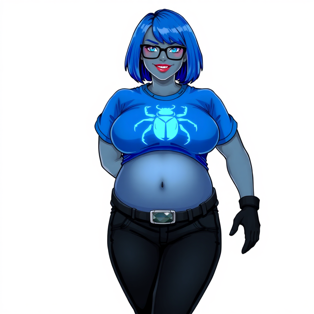 A 28-year-old, full-figured, metallic middle gray skinned computer program hybrid with a maximum blue bob cut. She has a non-athletic build, highlighted by a prominent, round, large midsection (with emphasis on her belly). As a digital sidekick, computer hacker, and nerdy girlfriend to her cyberpunk vigilante boyfriend, her middle gray metallic skin and maximum blue lipstick emphasize her digital nature. She wears a tight-fitting, maximum blue t-shirt (accentuating her large belly) with a neon blue glowing chest icon of a beetle, black pants, a black belt with a sapphire scarab buckle, and black gloves. Her bright blue eyes, black eyeglasses, and lovestruck smile with neon red blush accentuate her nerdiness. She stands bashfully with her hands behind her back, her t-shirt covering her midsection (especially her large belly) and emphasizing her full-figured, non-athletic physique. She is on a solid white background. She is drawn as if she was in a retro 2D cyberpunk fighting game. She is clearly non-athletic, with a focus on her full-figured physique. Ensure her t-shirt covers her midsection (especially her large belly).