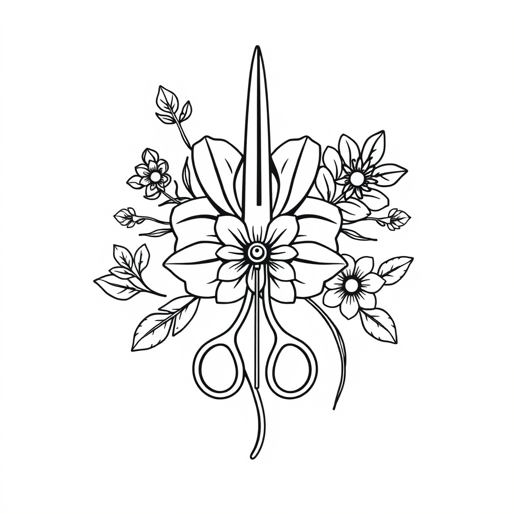 a black on white, line design containing a scalpel and surgical and floral iconography