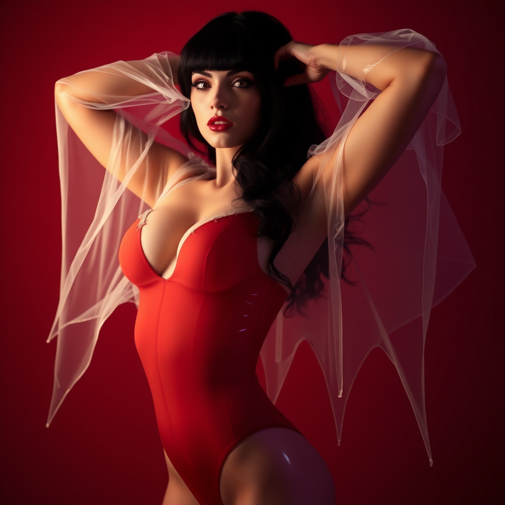 Real-life gorgeous Vampirella posing with her arms up and looking under her arm Translucent diaphanous transparent