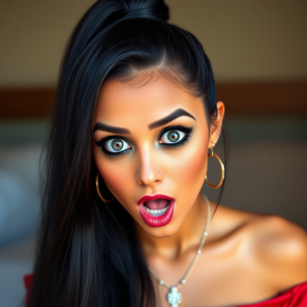 surprised Arabian girl with mouth open. She has very large eyes, black eyeshadow, black eyeliner, fake eyelashes, very tanned skin, very long hair. very high ponytail, red off shoulder shinny crop top. photo realistic, black hair.