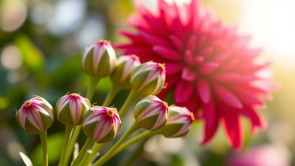 Create a realistic image, featuring beautiful chrysanthemum buds, with five buds arranged naturally on the side. Each bud should be placed one per stem, and the background should be out of focus with sunlight shining naturally.