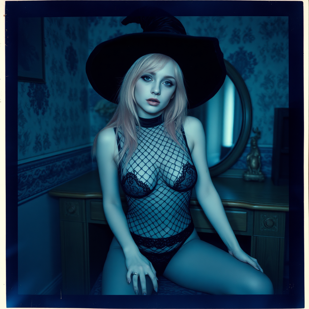 can of an old polaroid photo with heavy dark vignetting and a blue color tint to the photograph and visible light leaks. The photo depicts a sexy alt goth girl with pale skin and pink hair. She has large breasts with ample cleavage and is wearing a black fishnet bodysuit. She is wearing a witch hat. The image looks hazy and grungy. She is in an old house with wallpaper on the walls. Dark lighting with camera flash used. Candid. She is wearing a black lace thong. She is sitting on a built-in vanity with a mirror with her knees spread apart.