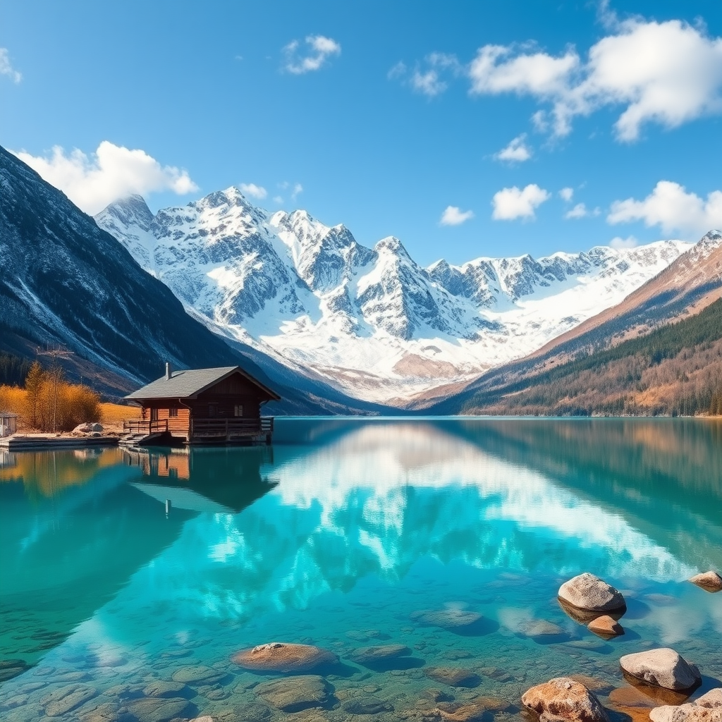 A refreshing landscape with a tranquil lake in the foreground, reflecting the breathtaking snow-capped peaks in the background. This scene captures a quiet alpine house made of dark wood situated near the water's edge, with a nearby ski lift tower visible. The water is crystal clear, showcasing vibrant turquoise tones that beautifully contrast with the earthy browns and greens of the surrounding terrain. The sky adds to the serene atmosphere with its soft blue hue and scattered clouds. It emphasizes hyper-realistic details, capturing the texture of the mountains, the reflections in the water, and the rustic charm of the cabin. Please express it as a fan sketch.