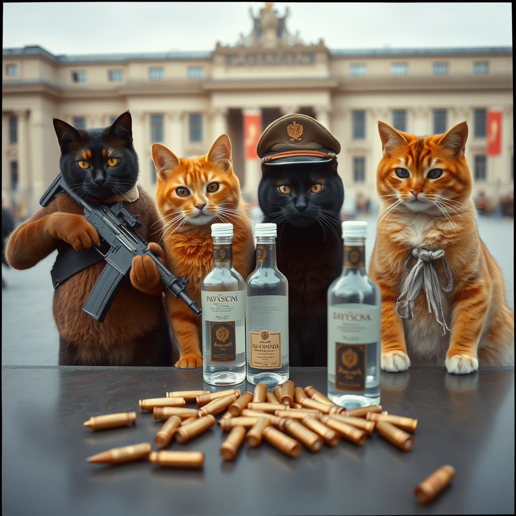 4 cat-men in a large square, a dark-skinned one holding an AK-47, an orange one with a Russian military cap, a dark brown and a light brown one, USSR communists with vodka, behind a table with bullet shells on it (film photo style)