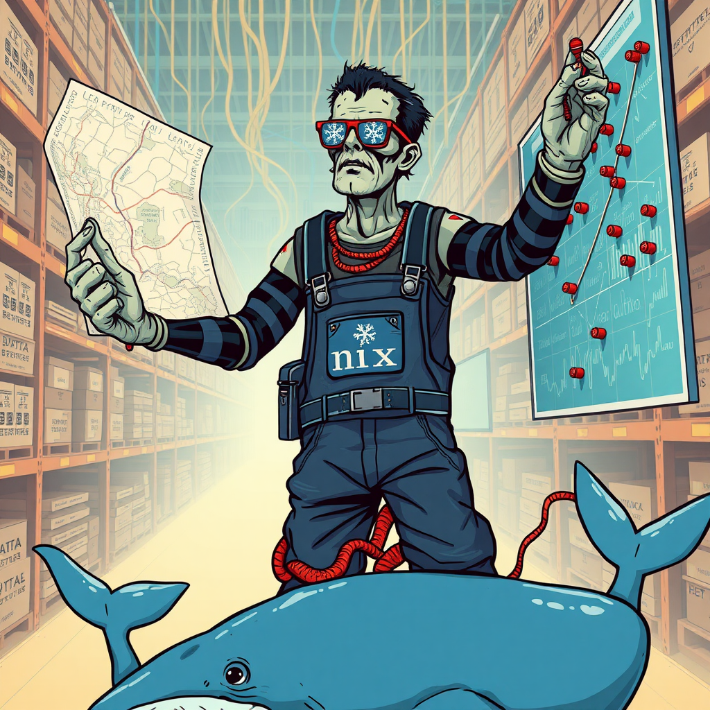 a cyberpunk frankenstein holding a big map in one hand and reaching for marker pins on a high board in a data warehouse, his arms are pythons. In the background are streams of data. His Overall reads "nix". He wears glasses in shape of snowflakes. he stands on a friendly blue whale with intestines coming out.