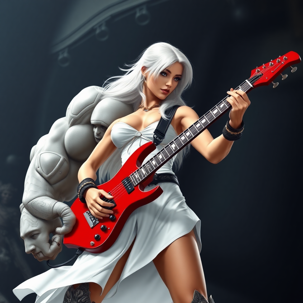 massive huge strong jacked muscular bodybuilder girl, white strapless dress, warrior princess, white hair, playing rock red guitar