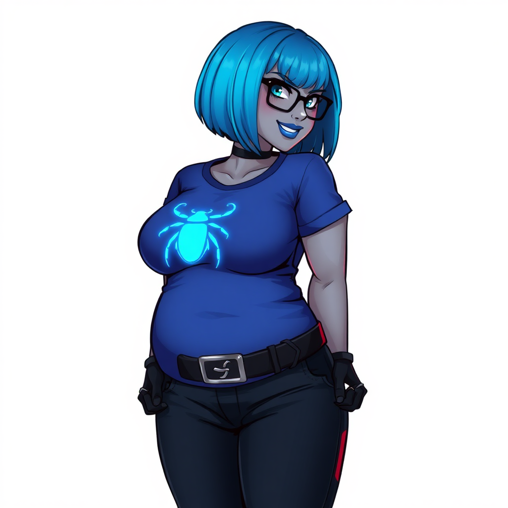 A 28-year-old, full-figured, metallic middle gray skinned computer program hybrid with a maximum blue bob cut. She has a non-athletic build, highlighted by a prominent, round, large midsection (with emphasis on her belly). As a digital sidekick, computer hacker, and nerdy girlfriend to her cyberpunk vigilante boyfriend, her middle gray metallic skin and maximum blue lipstick emphasize her digital nature. She wears a tight-fitting, maximum blue t-shirt (accentuating her large belly) with a neon blue glowing chest icon of a beetle, black pants, a black belt with a sapphire scarab buckle, and black gloves. Her bright blue eyes, black eyeglasses, and lovestruck smile with neon red blush accentuate her nerdiness. She stands bashfully with her hands behind her back, her t-shirt covering her midsection (especially her large belly) and emphasizing her full-figured, non-athletic physique. She is on a solid white background. She is drawn as if she was in a retro 2D cyberpunk fighting game. She is clearly non-athletic, with a focus on her full-figured physique. Ensure her t-shirt covers her midsection (especially her large belly).