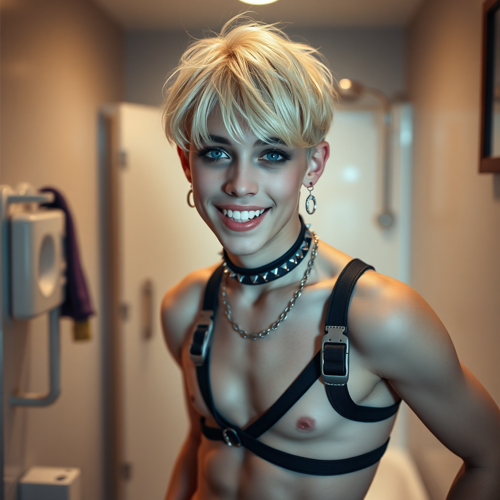 photorealistic, ultra high resolution, 16K, surreal fantasy, studio lighting, a pretty 16 year old goth boy, slim male physique, short blonde hair, goth makeup, earrings, pantyhose, harness, spikey dog collar and leash, trainer-bra, white ballet shoes, in the bathroom, excited smile, facing the camera.