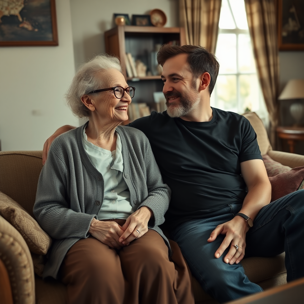 In a scene viewed from an angle and slightly above: In an old-fashioned English living room, a very frail, small and thin, very old and elderly English lady with an ugly face, kind smile, short, thinning white curly hair, wrinkled face, neck and skin, wearing thin framed glasses, an old cardigan, blouse and long skirt is sitting on a sofa with an English man about 40 years old, grey stubble on his chin, brown hair, sitting close next to her on the same sofa, wearing a black T-shirt and dark blue jeans. The man and woman are smiling at each other. The woman is looking at the man's eyes and smiling. The man is looking at the woman's eyes and smiling.