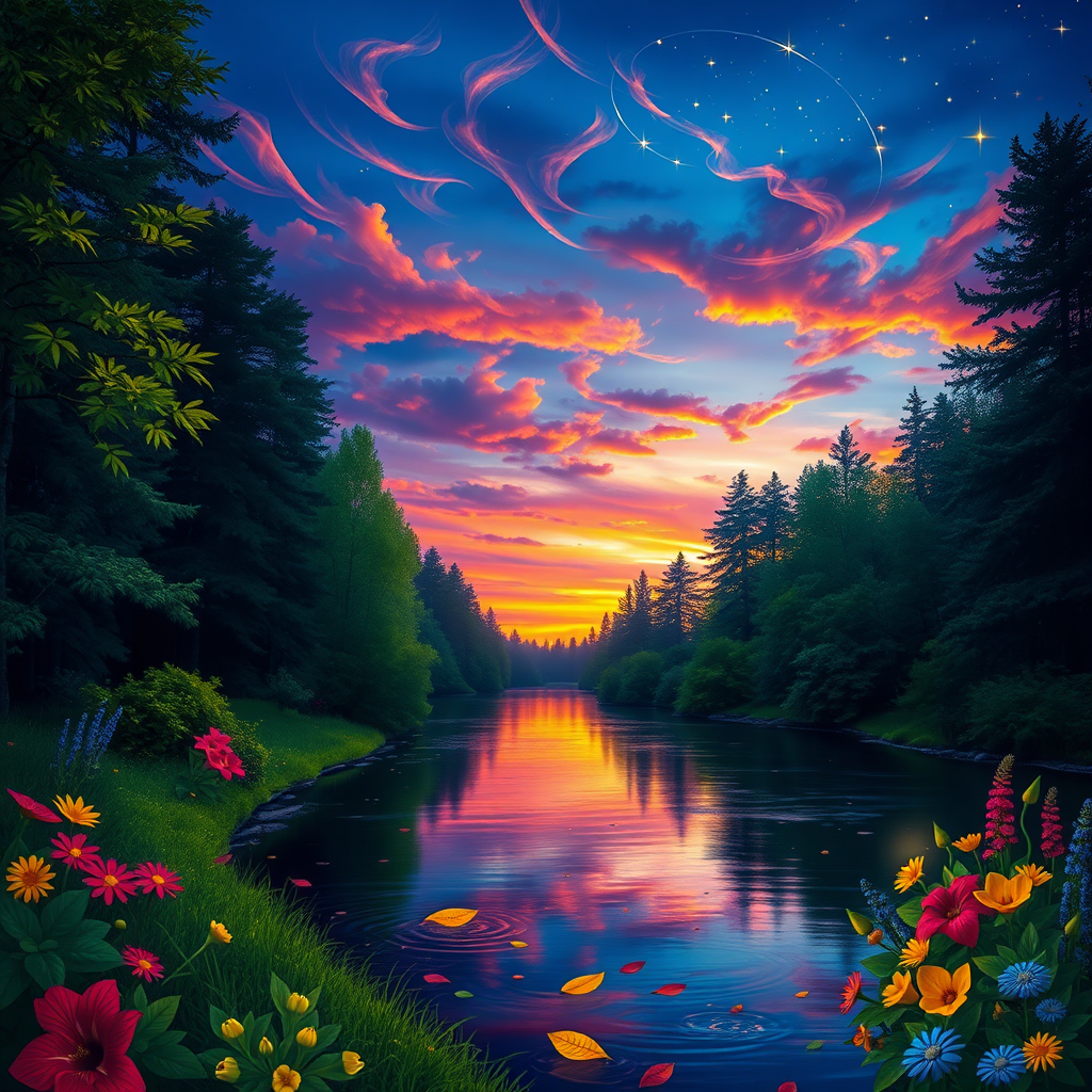 A vibrant forest scene at twilight, featuring a serene river reflecting the colorful sky above. Imagery includes rich hues of deep blue, purple, and orange as the sun sets, with wisps of clouds illuminated in pink and gold. Lush greenery lines the riverbank, adorned with a variety of flowers in bright colors like red, yellow, and blue. The water is sprinkled with floating leaves and glimmers of light, enhancing the enchanting atmosphere. Stars begin to twinkle in the sky, blending with the colorful backdrop, creating a dreamlike, impressionist aesthetic.