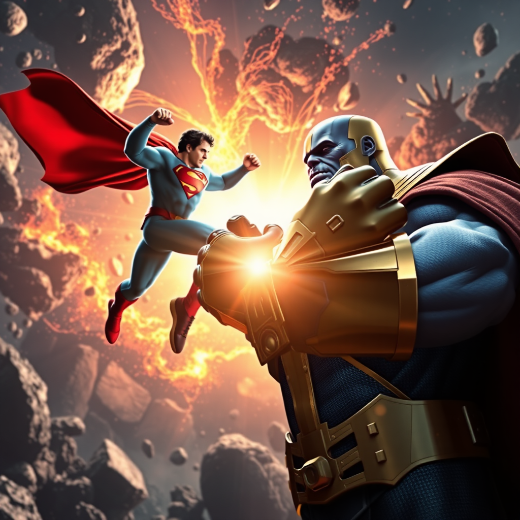 jumping out of an epic comic book cover and out of the screen is Superman Vs Thanos. Superman rips off the infinity gauntlet on Thanos's hand. Cinematic Real3d photo-realistic quality.