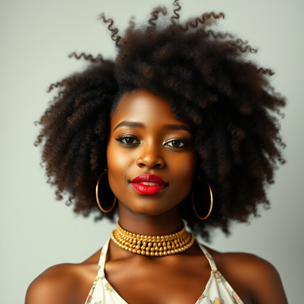 a photo of a busty african woman with an afro