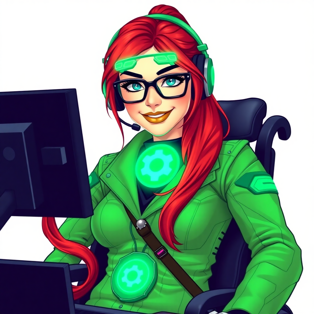 A nerdy, 29-year-old tech genius in a wheelchair, with a long fiery-crimson ponytail. She wears maximum green lipstick, bright blue eyes, and a hi-tech maximum green suit featuring a neon green glowing cog chest icon. She sports an emerald headset, black eyeglasses with a neon green lensed HUD, and a lovestruck smile with neon red blush. She serves as her corrupt cyberpunk CEO's tech expert from his company's cybersecurity division, diligently working at her computer desk. The background is solid white. She is drawn as if she was in a retro 2D cyberpunk fighting game.