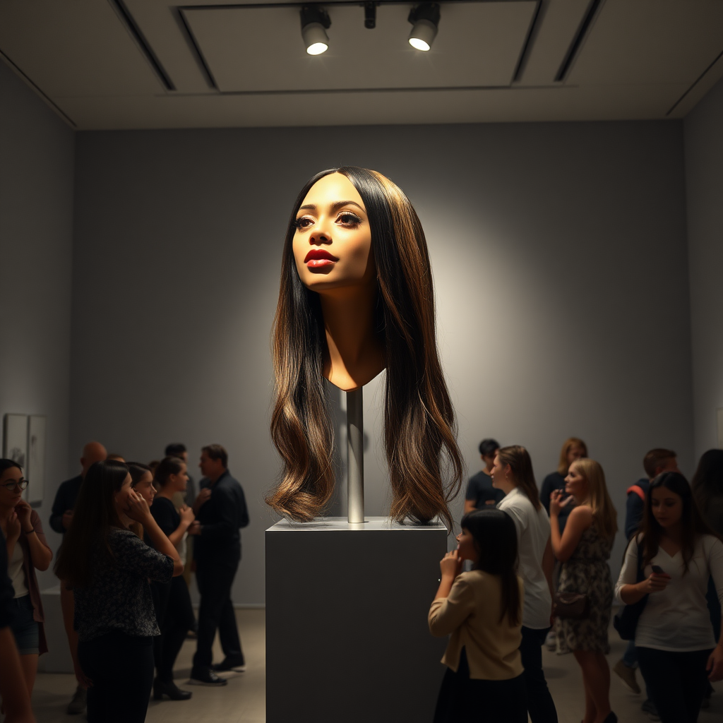 In an enchanting art gallery, a mesmerizing interactive performance art exhibit unfolds, highlighting the stunningly beautiful, very long-haired disembodied head of Beyoncé, elegantly showcased atop a sleek, polished stand. The room is brightly lit, with soft, focused spotlights illuminating her radiant features, accentuating her glossy, flowing hair that cascades down like a waterfall of dark silk. The backdrop is a minimalist, plain gray canvas that expertly contrasts with the vibrant strands of her hair, drawing every eye to the captivating spectacle.

Visitors meander through the space, their fingers twitching with excitement as they gingerly reach out to stroke and style her luxurious locks. The atmosphere buzzes with anticipation and playful fascination, as hushed whispers of admiration ripple through the crowd. Every graceful movement within the gallery is accompanied by a soft rustling of hair as people explore the tactile delight of this extraordinary centerpiece, creating a blend of art and intimacy. The air is alive with a sense of wonder and curiosity, inviting each participant to engage in a whimsical dance of interaction and creativity amidst this unconventional celebration of beauty and artistry.