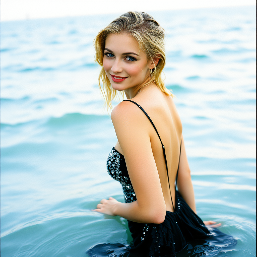 a twentysomething soaking wet woman, with seductive eyes and blonde wet hair posing for photos, standing in a the sea.. She is wearing a soaking wet black and silver sequinned low cut prom dress, She wears lipstick, has a slight smile, has her head tilted back partially with her hands in the water. She looks over her shoulder at the camera. Her hair is dripping wet. Image taken in 2005, is messy, lo-fi, hyperrealistic photograph from a fujifilm disposable camera. 320p resolution.