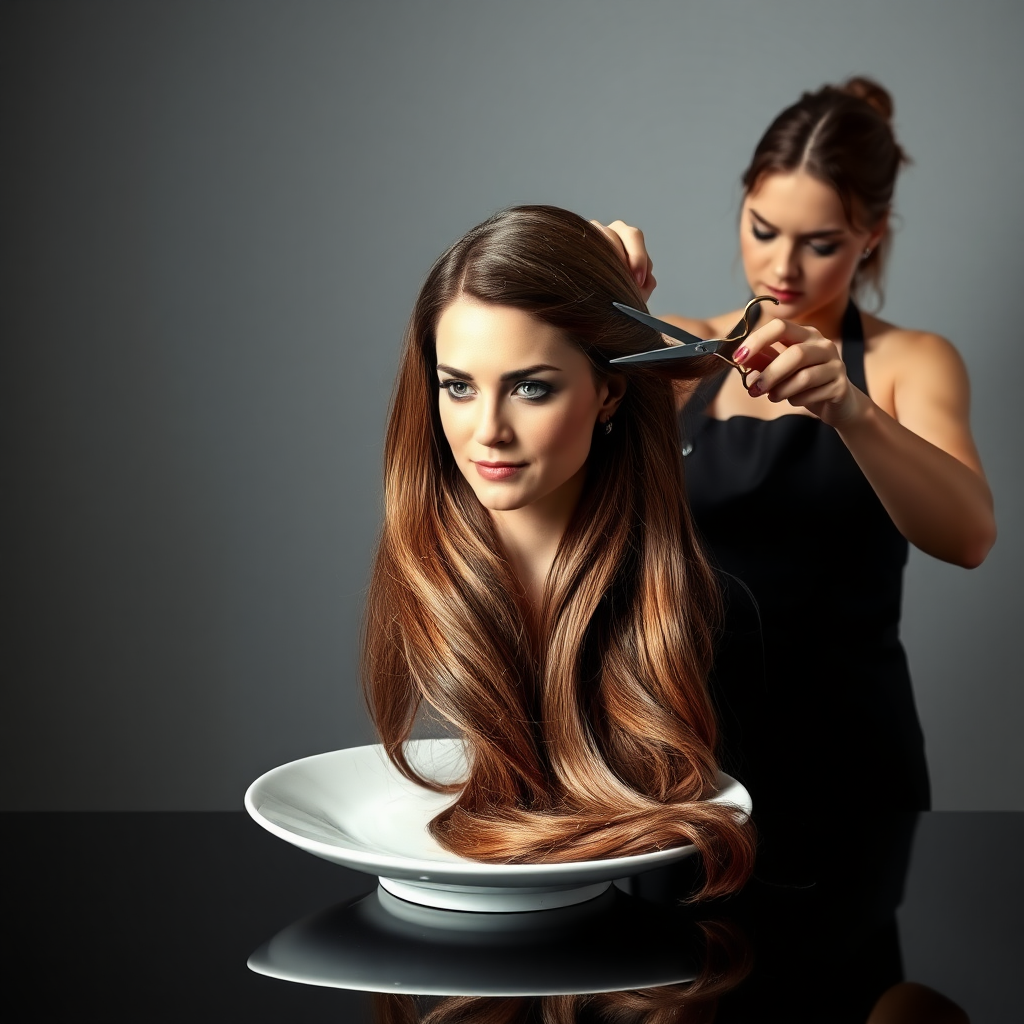 In a strikingly surreal scene, a beautifully crafted porcelain plate holds the disembodied head of a graceful Kate Middleton, her long, flowing hair cascading around like a luxurious waterfall of silky strands, shimmering in various shades of deep chestnut. Each hair seems to catch the light, creating an almost ethereal glow. Nearby, a meticulous hairdresser, dressed in a sleek black apron, carefully snips away at Kate's locks with precision scissors, their actions fluid and deliberate, emphasizing the delicate artistry of the moment.

The setting boasts minimalist decor, with a plain gray background that heightens the focus on this bizarre tableau. Soft shadows play across the smooth surface of the plate, enhancing the haunting beauty of Kate's serene expression, which conveys both elegance and an uncanny sense of stillness. The atmosphere is a blend of surreal calm and unsettling intrigue, pulling the viewer into a dreamlike space where reality and imagination intertwine. Gentle noises of scissors softly clipping away hair are the only sounds in this peculiar yet captivating scenario, heightening the tension and drawing viewers into this striking juxtaposition of beauty and the bizarre.