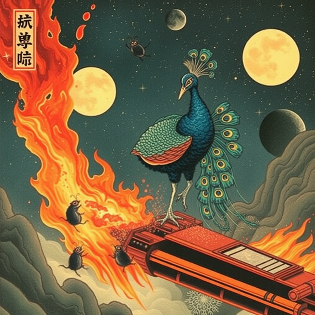 A peacock saving cyber-rats from a burning spaceship, Chinese woodcut,