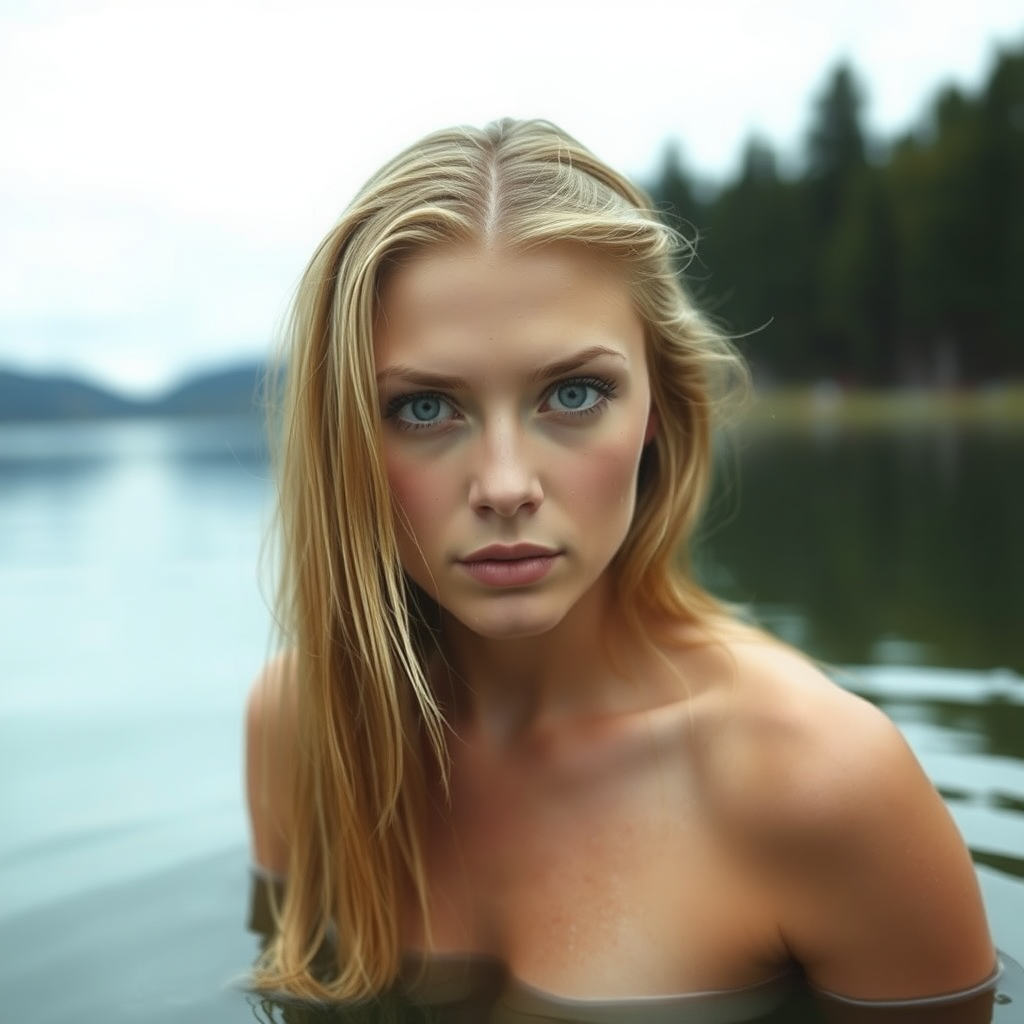 a young european woman just coming out of a lake. she has long blonde wet hair and pale blue eyes. she is topless. seductive look. photo