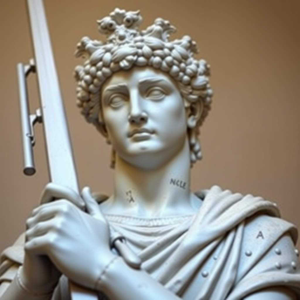 Art. Roman statue with a rifle in the same color as the statue posing.