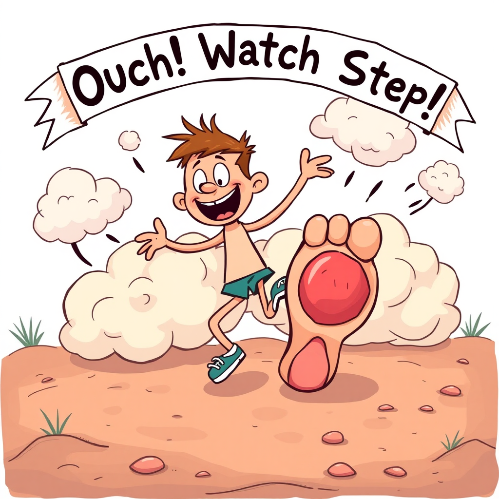 An imaginative scene showing a cartoon character hopping on one foot with a large blister on the other foot, surrounded by humorous, exaggerated clouds of discomfort, while a banner overhead reads, "Ouch! Watch Your Step!"