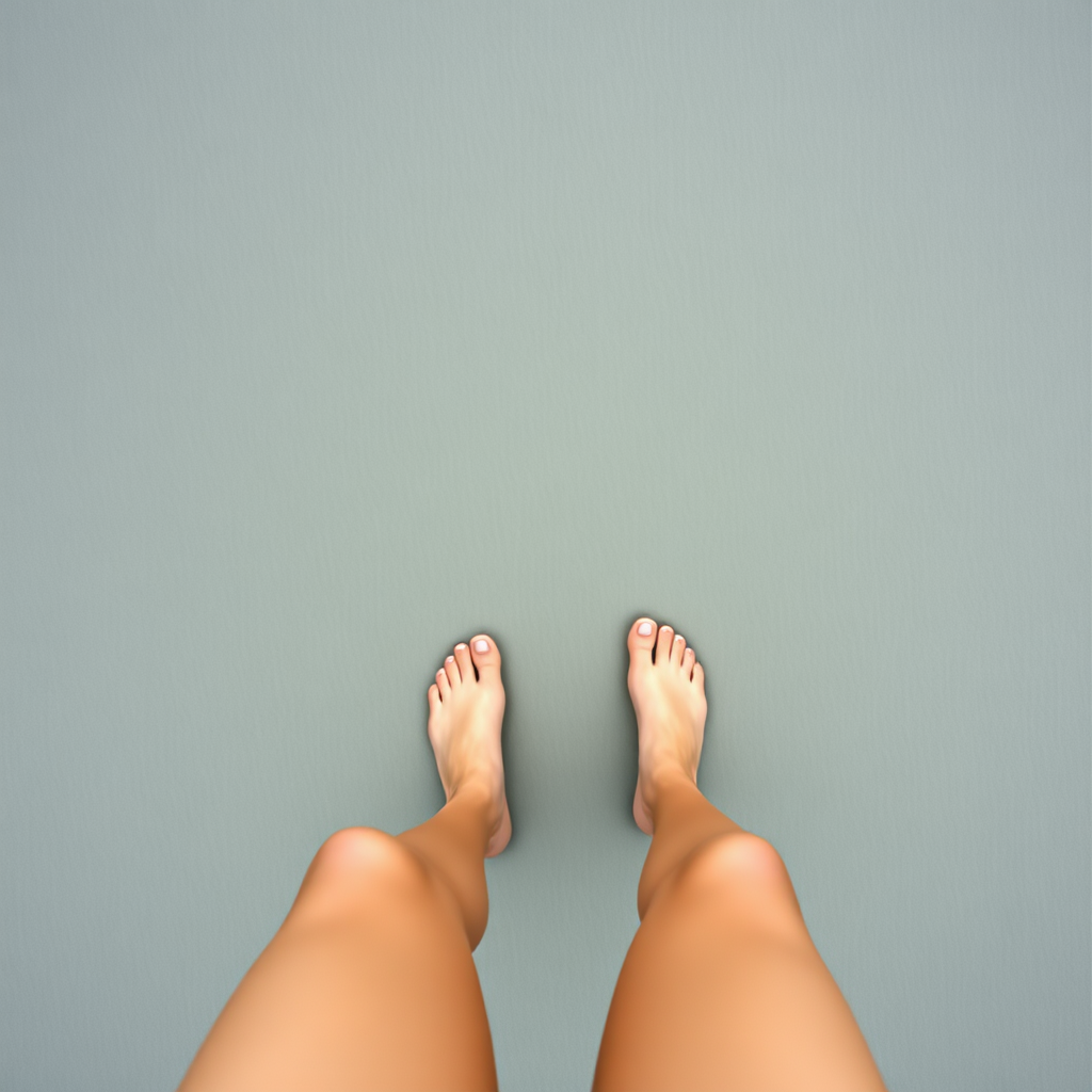 first person view from above, bare long slender legs, walking,