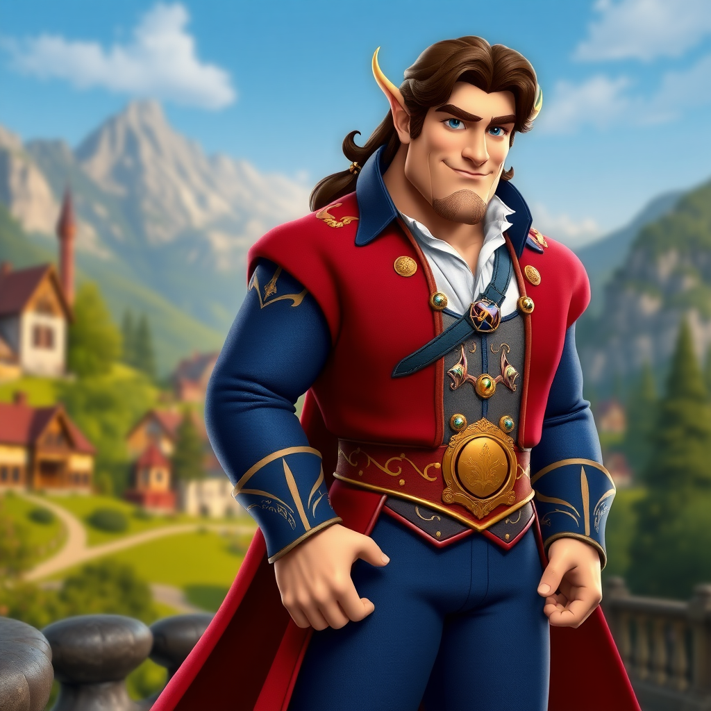 Generate a full-length rendered image featuring Belle using Gaston’s male body. Retain Belle’s head, hairstyle, and facial features. Adapt her costume by incorporating embellishments from Gaston’s attire, adjusting it to fit the new proportions. Design a background inspired by both characters, merging elements from the charming village and the rugged wilderness. Ensure the overall composition showcases a seamless blend of femininity and masculinity, while reflecting the essence of the original characters.