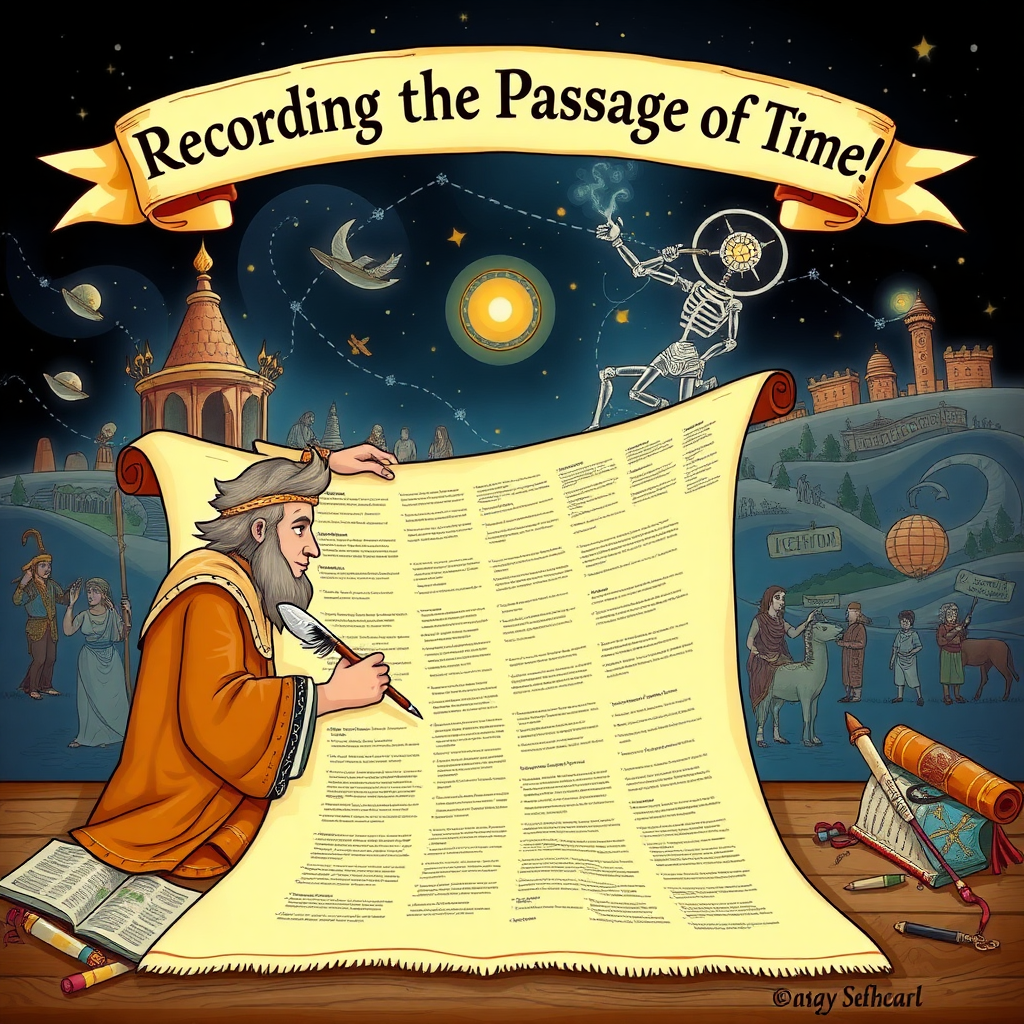 An imaginative scene of an ancient scribe sitting at a large scroll, writing with a quill, surrounded by illustrated scenes from history, with a magical timeline stretching across the background, and a banner overhead reading, "Recording the Passage of Time!"