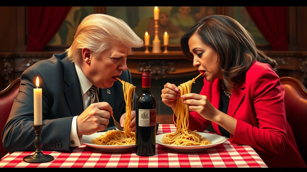 Photoreal style. ratio: 16:9. Donald Trump and Kamala Harris eating in an Italian restaurant a la the one in 'Lady and the Tramp.' Checkered tablecloth, Chianti bottle used as a candle holder. Both humans are eating spaghetti from one shared plate with their hands and end up eating the same long piece of spaghetti, making their heads very close.