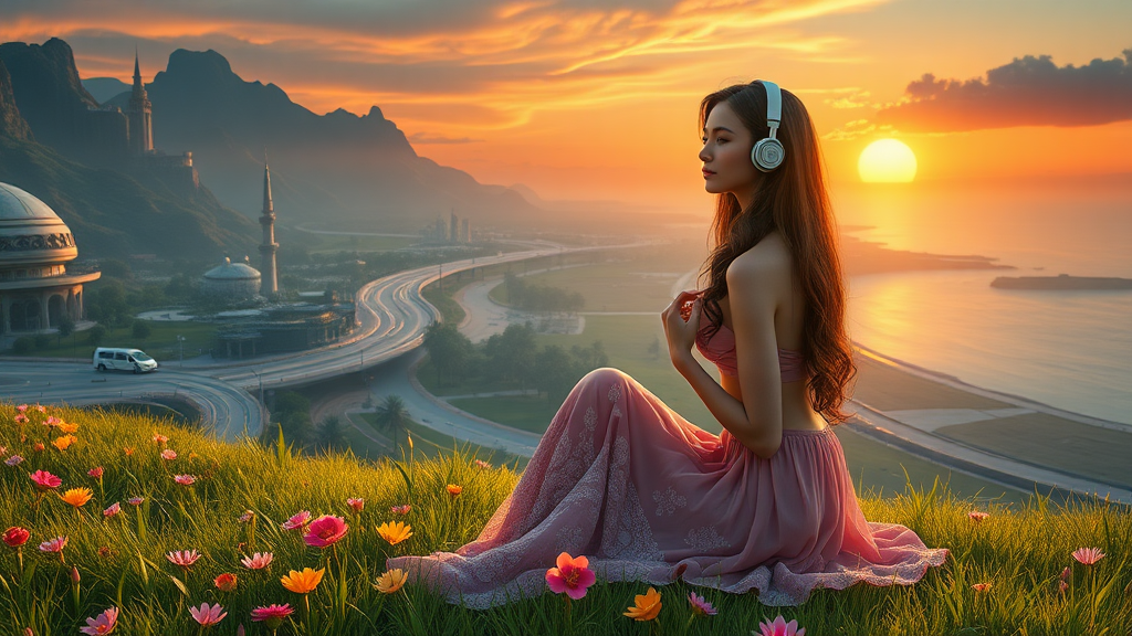 pretty azian woman long hair,pretty dress, sit on the grass with flowers,with headphone ,alien planet ,aliens buildings, with nice greenery flowers and rivers,beach, nice sunset ,highways and streets ,ultra realistic view high detail