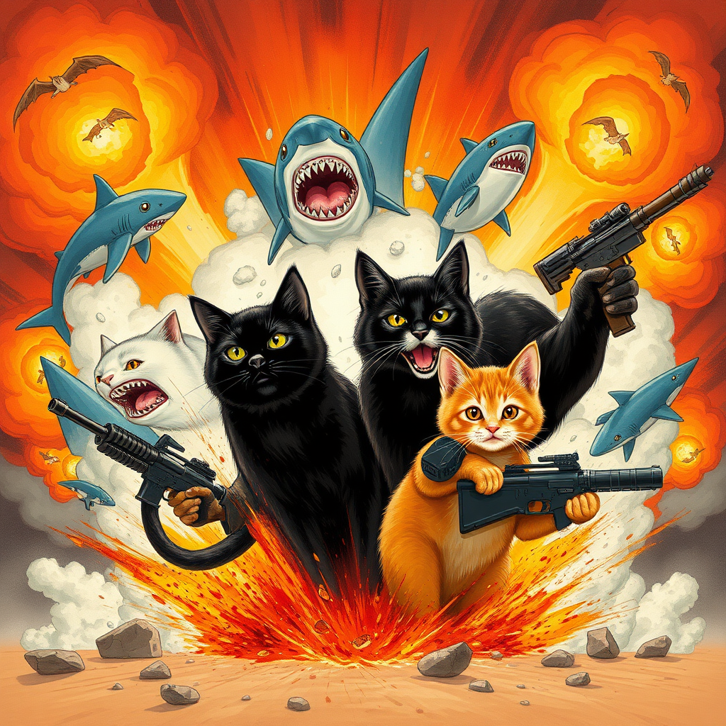 1 black cat, 1 dark brown cat, 1 light brown cat, and 1 orange cat emerging from an explosion with sharks and weapons.