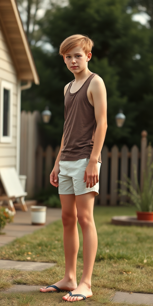 photorealistic, ultra high resolution, 16K, a tall skinny redhead 14 yo teen boy wearing tank top, booty shorts. Long legs. At backyard. Full length view. Vintage family photo, 1980s.