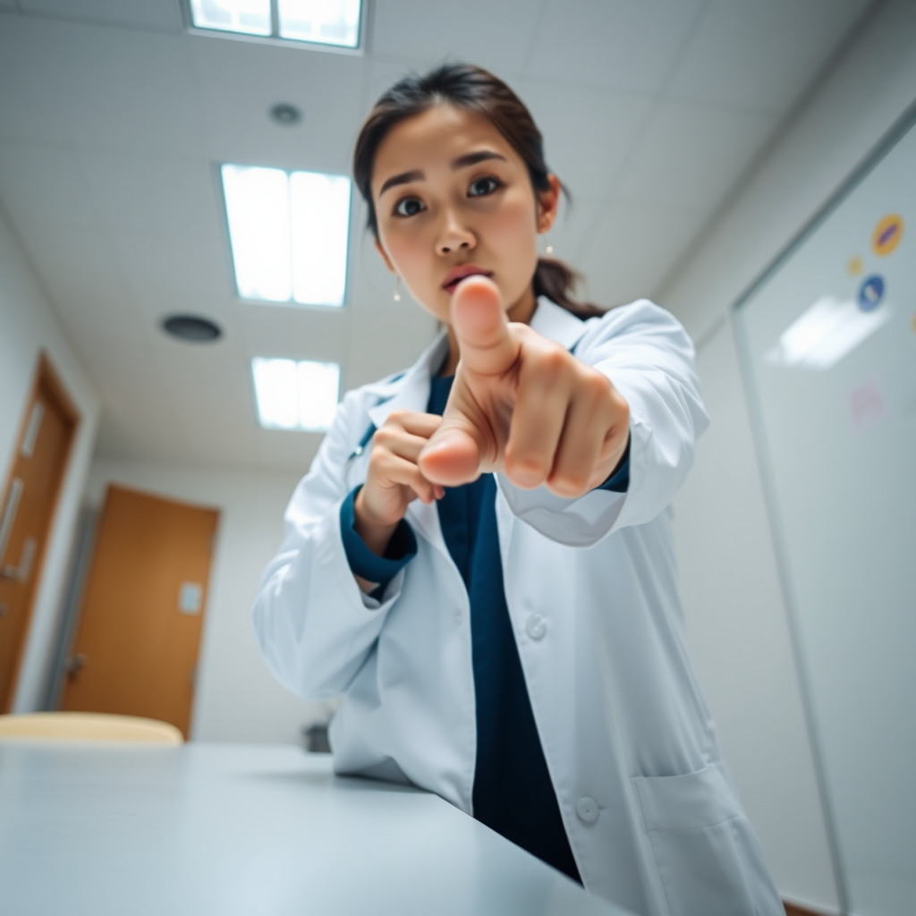 Photo low angle Korean woman wearing lab coat standing and pointing her finger toward the camera. There is a table in front of her. She has a surprised look on her face.