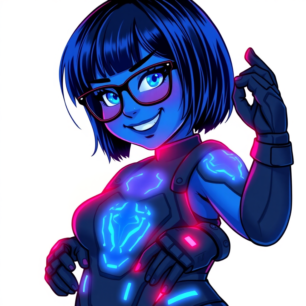 A full-figured 29-year-old computer science major, now transformed into a full-figured, maximum blue skinned nerdy digital sidekick for a cyberpunk vigilante, with maximum blue skin. Her bob cut seamlessly blends with her skin, forming part of her data, and her neon blue eyes glow intensely. Her full figure is defined by a prominent, round, wrecking ball-sized midsection, sequoia-sized limbs, and broad shoulders. As a loyal and supportive sidekick, she plays a crucial role in their missions, using her digital skills to assist and protect.

She wears a digital, computerized bodysuit that blend with her hair and skin (appearing to merge together as computer data), featuring the same maximum blue coloration and a neon blue glowing beetle chest icon, along with matching high-tech gloves. She bashfully giggles with a neon red blush, emitting neon blue data cubes from her body, set against a solid white background. Heavily pampered by her doting boyfriend, her full figure clearly shows this care. She has the ability to hack into computers and machines, and her nerdiness is blatantly obvious with her black oversized eyeglasses. Her full figure (especially her wrecking ball-sized midsection) is prominently displayed and heavily emphasized. Her outfit is influenced by DC’s Jennifer Knight Phantom Lady but remains distinct. She is drawn as if she was in a retro 2D cyberpunk fighting game. Ensure her skin tone is distinct from Inside Out's Sadness from any other character. Her proportions are bloated to emphasize her full figure.