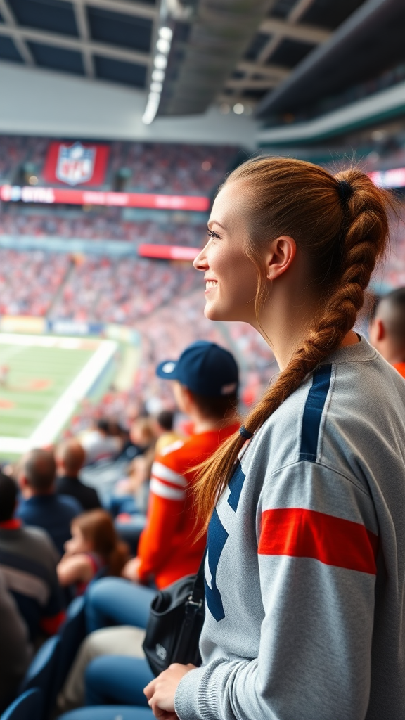 Attractive female NFL fan, pigtail hair, talking with friends, inside crowded bleachers, NFL stadium