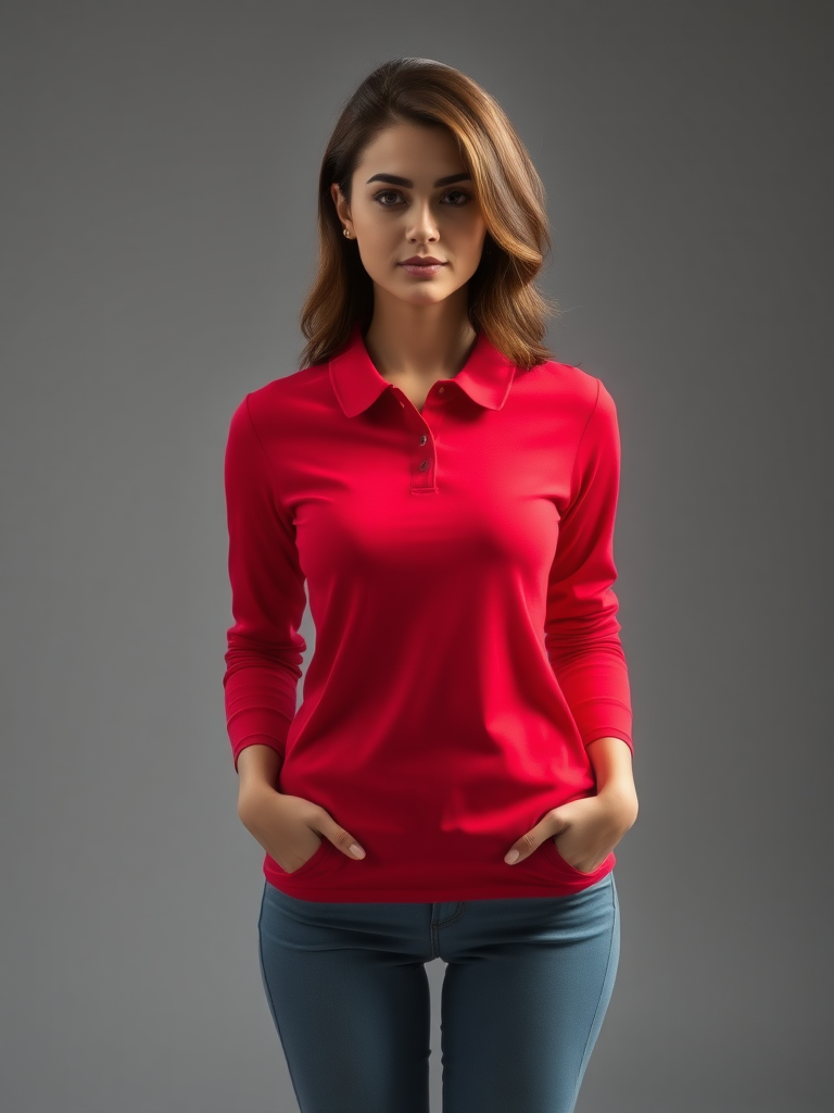 A woman wearing a red long-sleeved polo shirt. full body, front view, looking at viewer.