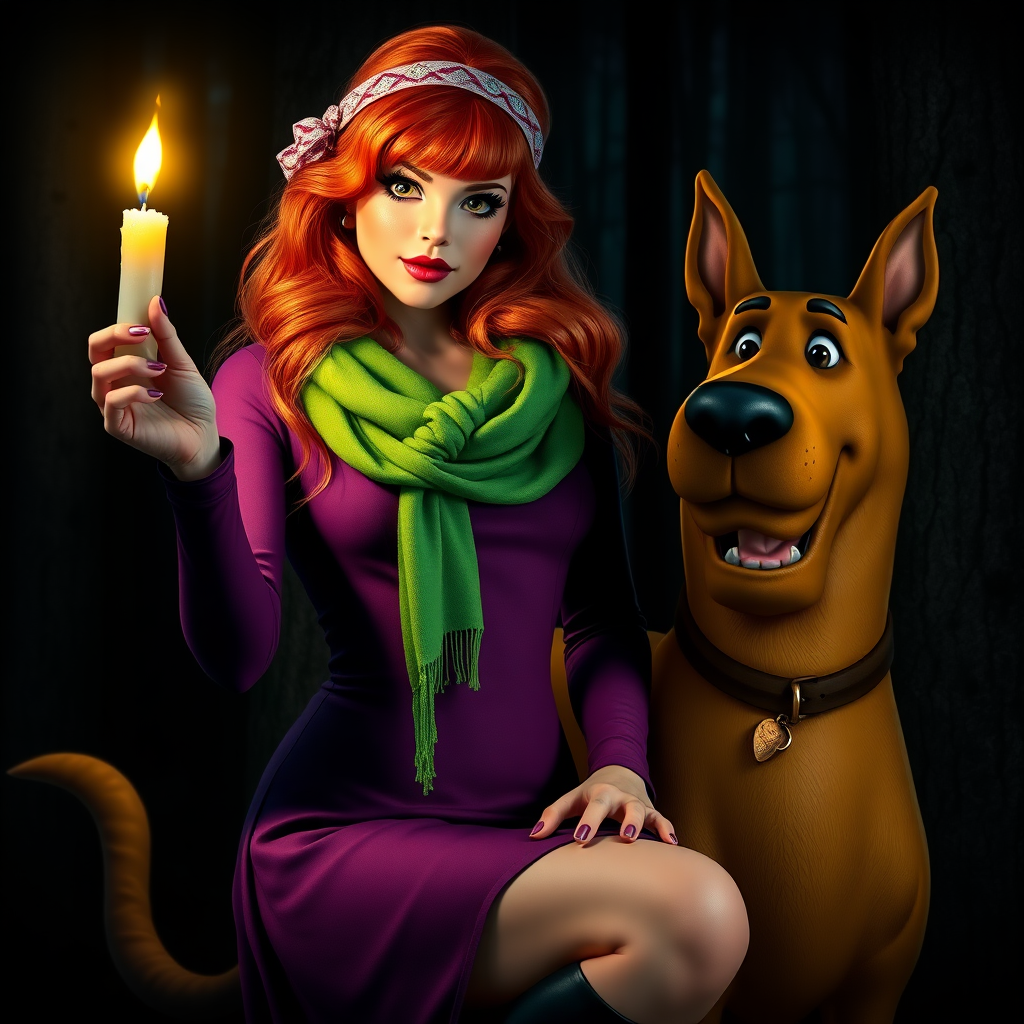 masterpiece, full body Daphne Blake, looks like Michelle Gellar, hyper realistic, realistic face, detailed face, wears headband and purple dress and green scarf, high boots, long red hair, is holding a lit up candle in the dark, next to a realistic dog that looks like Scooby Doo. She is in a very dark creepy forest. Marvelous, awesome, beautiful. Perfect hands, high detailed face, detailed skin, perfect eyes, eyeliner, large lashes, 60s look style, sexy, spicy look, scooby doo, front view, glitter