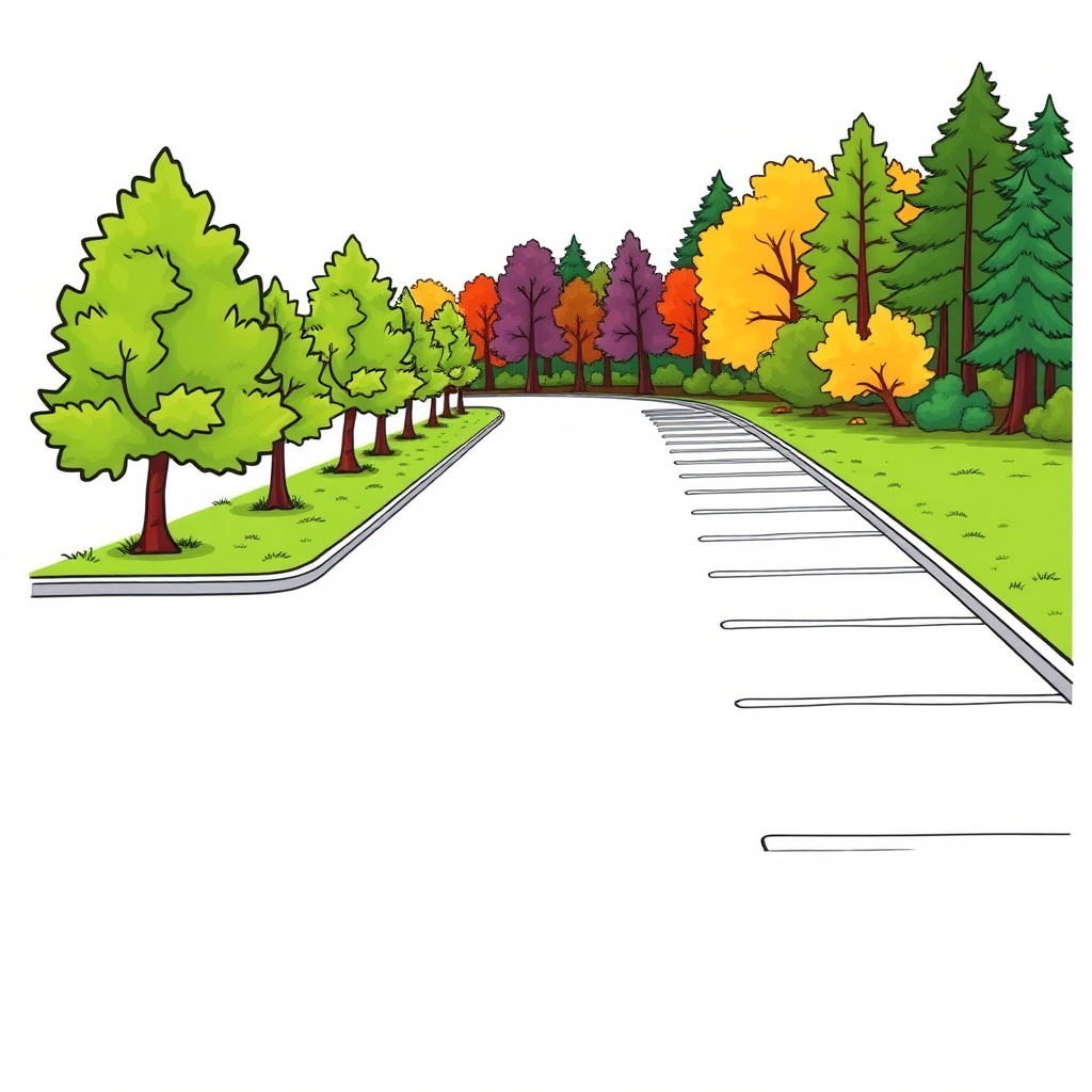 a small parking lot, borders, trees, lawn, wood outskirt on the right, colorful image long establishing shot, 2D, caricature, cartoon, Sketch lines, coloring book, coloring book style on white background, well composed, clean coloring book page, No dither, no gradient, strong outline, No fill, No solids, vector illustration, realistic proportions, left side view