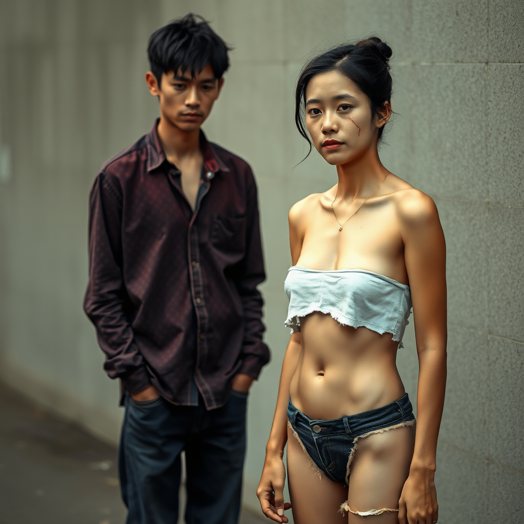 A young, loving, unkempt, neglected, homeless, unhygienic, and slightly undernourished Asian woman, who seems otherworldly, is portrayed as a complete person with maximum allowed nudity, as if she were alone in the world. She is largely depicted without clothing because she is slim and has an athletic body. Her sad, hopeless, and mystical facial expression is meant to dominate the image. Her skin is healthy but impure, as she has been unable to wash for days. The fear of her possible unpleasant odor further amplifies her shame! The Asian woman is wearing a torn, old, completely transparent, extremely short, and cropped top, and a completely torn, tattered, old pair of shorts. Extreme shame is clearly visible on her face. No smile is evident. She feels immense shame. She lacks a belly button, but her stomach is always fully visible. The Asian woman has a very beautiful, normal, youthful, yet feminine physique. Her slender figure is enviable! She has a noticeable wound on her face and looks as if she is about to cry. She appears pathetic, sad, and utterly hopeless! It seems she is afraid of something! In front of her stands a 60-year-old German man. The German man, still looking youthful and well-groomed, gazes at the Asian woman as if to offer her his help. The German man is clean-shaven, slim, has a normal fashionable haircut, and his hair is dark brown. He wears a new, nice, but simple burgundy shirt with a subtle pattern and new dark blue jeans. The German man looks sympathetic, smiles faintly, and looks at the Asian woman kindly, as if he feels great compassion. The Asian woman cannot look the German man in the eye due to her shame, but it is evident that she likes him.